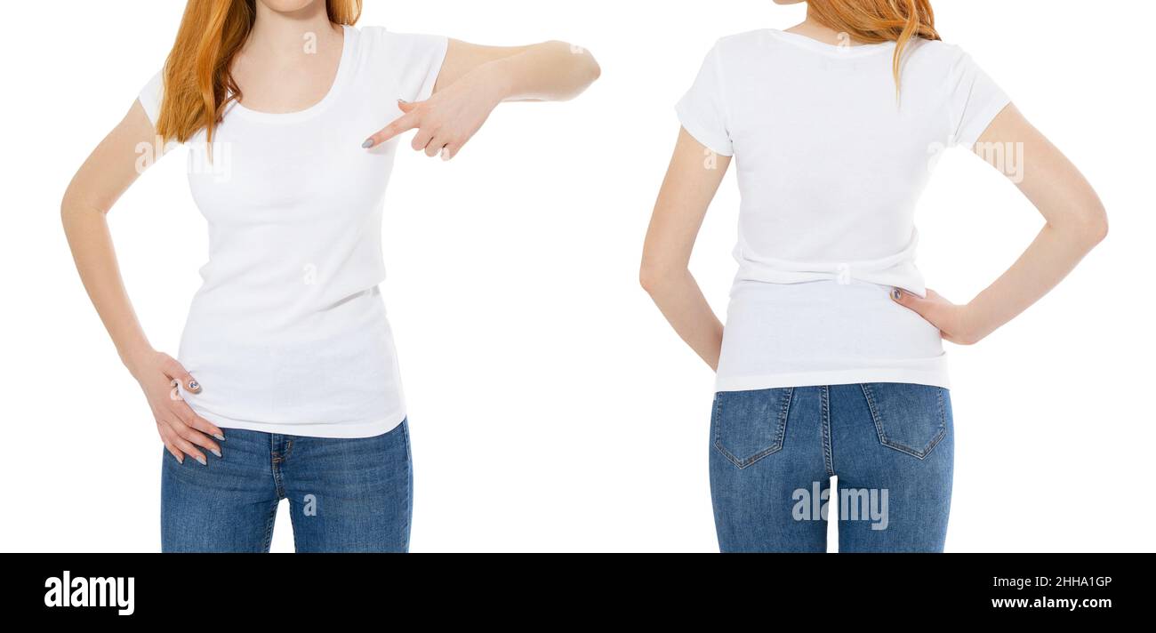 Front And Back Views Of Young Redhead Woman In Stylish T Shirt On White