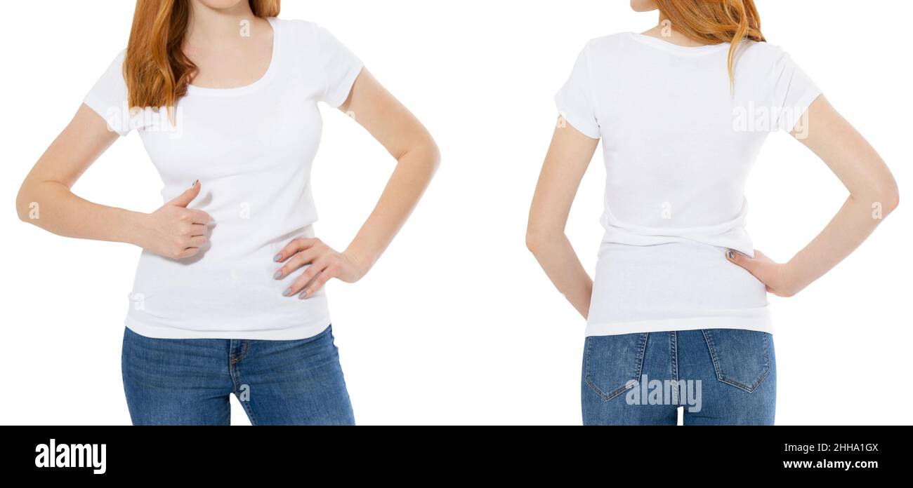 t-shirt set red hair beautiful woman in white blank tshirt mock up Stock Photo