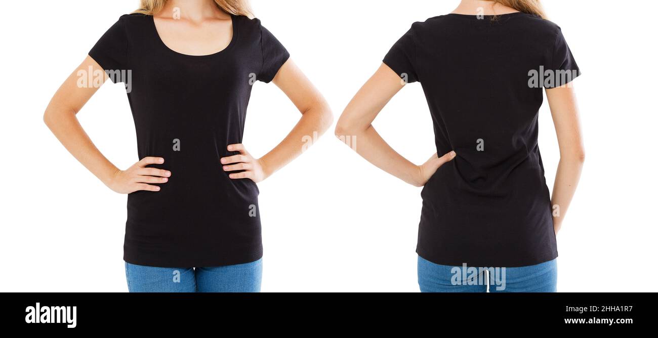 front back views woman in stylish blank t-shirt isolated Stock Photo