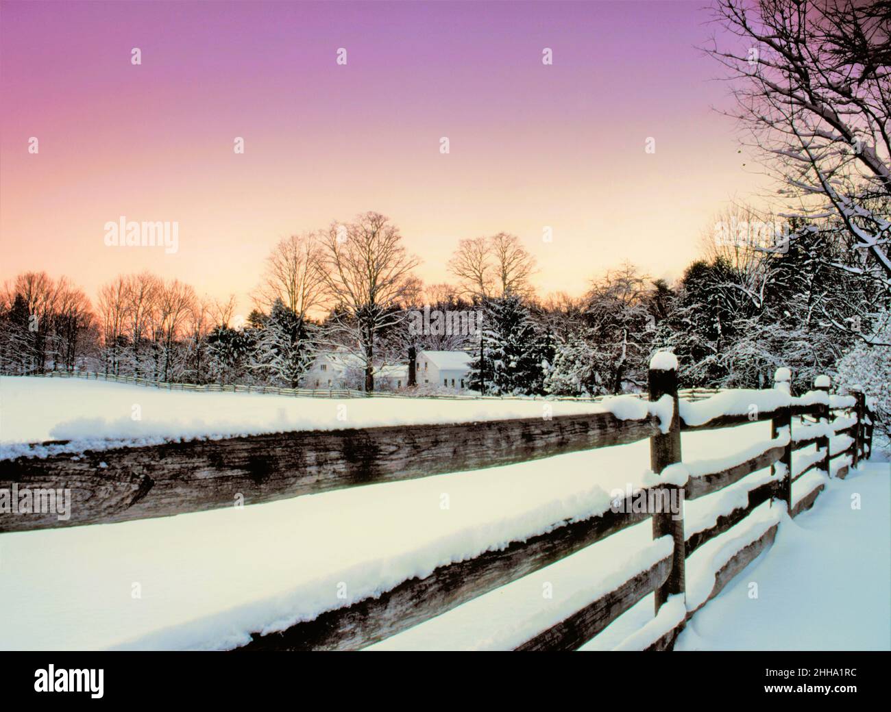 New England fence and pasture in winter twilight Stock Photo - Alamy