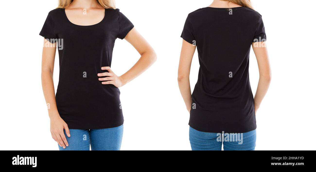 woman in black t-shirt set - front and back views isolated on white Stock Photo