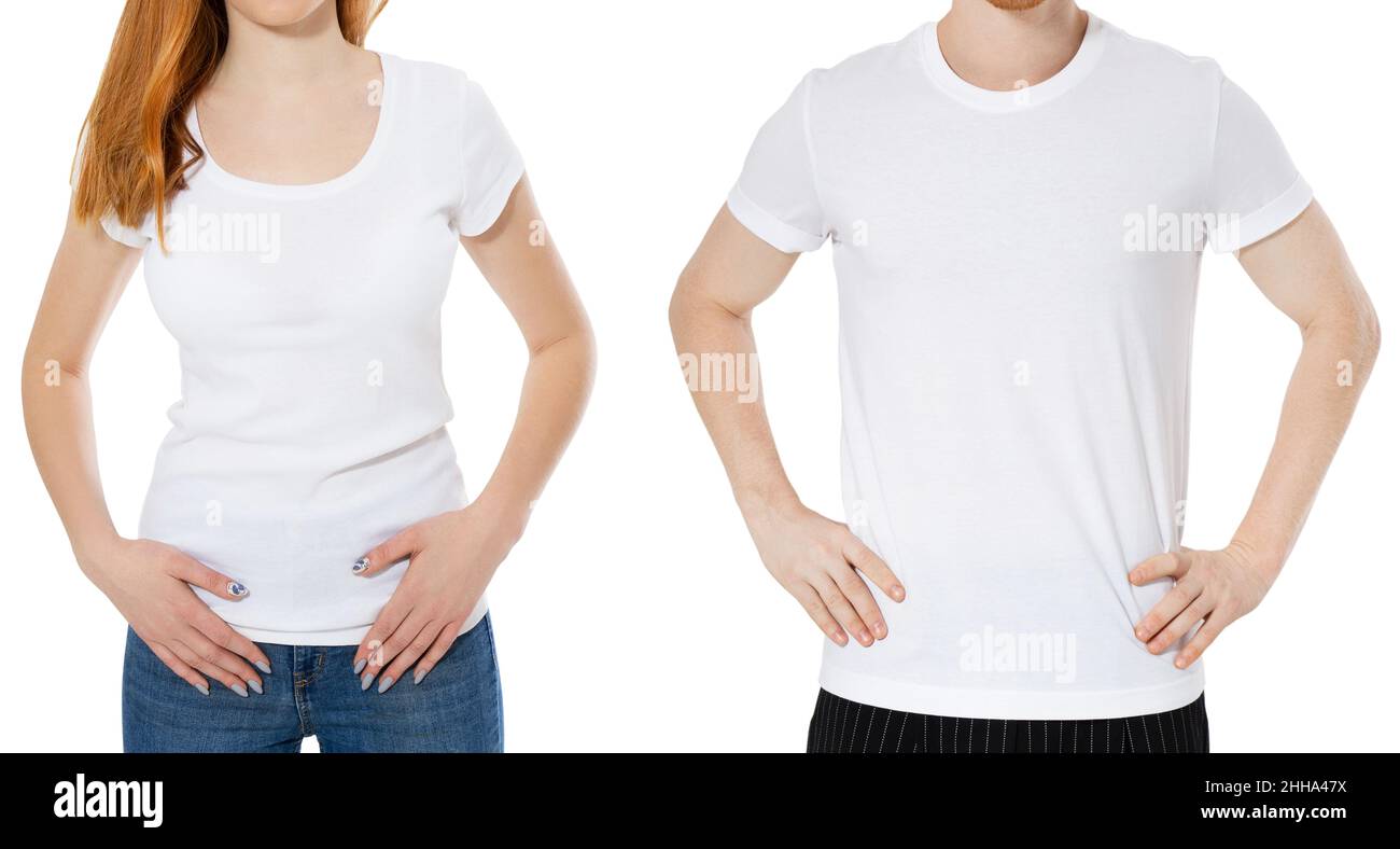 Close up Young male female people wearing t-shirts on white background Stock Photo