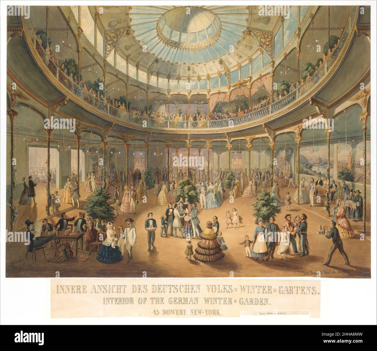 Innere Ansicht des Deutschen Volks Winter Gartens. IInterior of the German Winter Garden. 45 Bowery, New York 1856 Fritz Meyer American The watercolor shows the Interior of a large entertainment center that stood at 45 Bowery, New York, designed by Henry Hoffmann. Oval in shape, the large open center walit from above by glass skylights and surrounded by an arcade of slender columns, with a balcony around the second floor. New York's beer gardens were built to accomodate German immigrants, with families and children gathering there on Saturday afternoons and Sunday evenings to eat, socialize, s Stock Photo