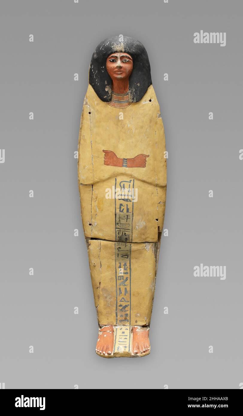 Coffin of Prince Amenemhat ca. 1186–945 B.C. Late New Kingdom to early Third Intermediate Period This coffin contains the plundered mummy of a royal infant who may have lived during the first part of Dynasty 18 and was reburied in this simple wooden child's coffin from a later era. Amenemhat's name and title (he is called here 'King of Upper and Lower Egypt') were roughly painted over a inscription already on the lid. On the chest of the child's rewrapped mummy, the priests tied a painted wooden pectoral (19.3.210) depicting the deified Amenhotep I. Garlands of persea leaves (25.3.146a) and lo Stock Photo