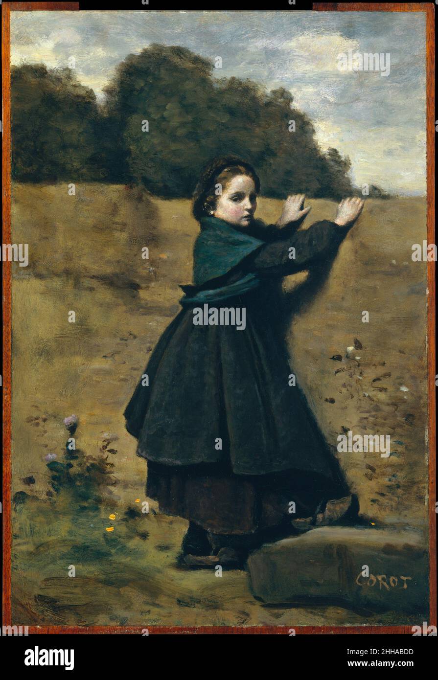 The Curious Little Girl 1860–64 Camille Corot French Although Corot’s celebrity rests on his landscapes, his contemporaries were partial to his figure paintings, especially scenes drawn from contemporary life that he made toward the end of his career. Appreciated for their unaffected grace and serenity—what the French critics called naïveté—these works were eagerly sought by collectors. Corot’s friends recalled that he looked forward to painting them as a refreshing break from routine. The girl depicted here resembles Emma Dobigny, who later became his favorite model.. The Curious Little Girl. Stock Photo