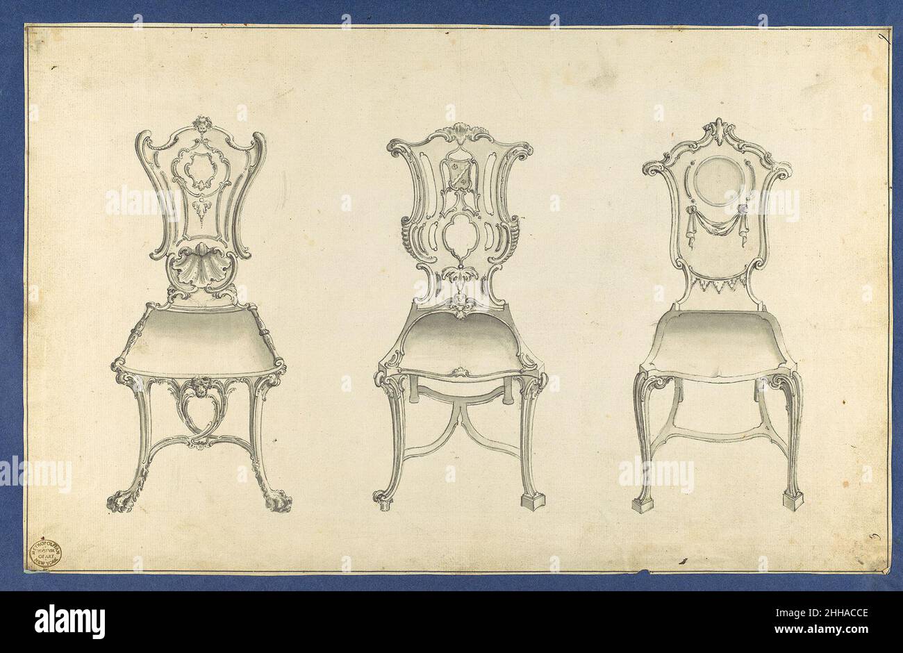Hall Chairs, in Chippendale Drawings, Vol. I 1762 Thomas Chippendale British Preparatory drawing for Thomas Chippendale's 'Gentleman and Cabinet Maker's Director'. Published in reverse as plate XVIII in the third edition of 1762.. Hall Chairs, in Chippendale Drawings, Vol. I  390501 Stock Photo