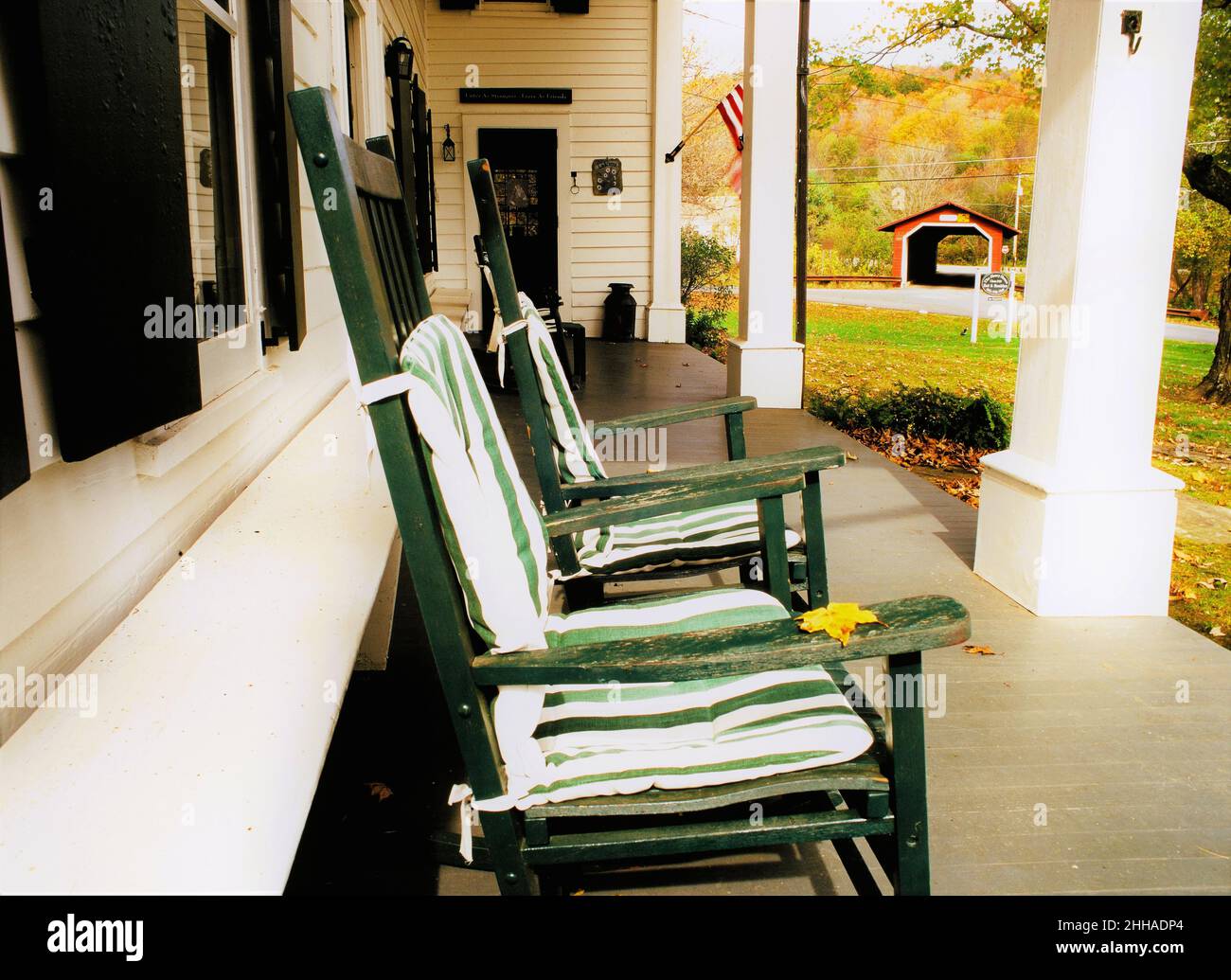 New England front porch in autumn Stock Photo