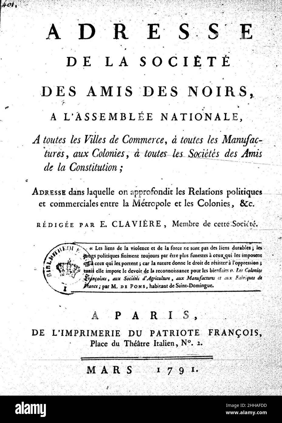 Société des amis des noirs mars 1791. Stock Photo