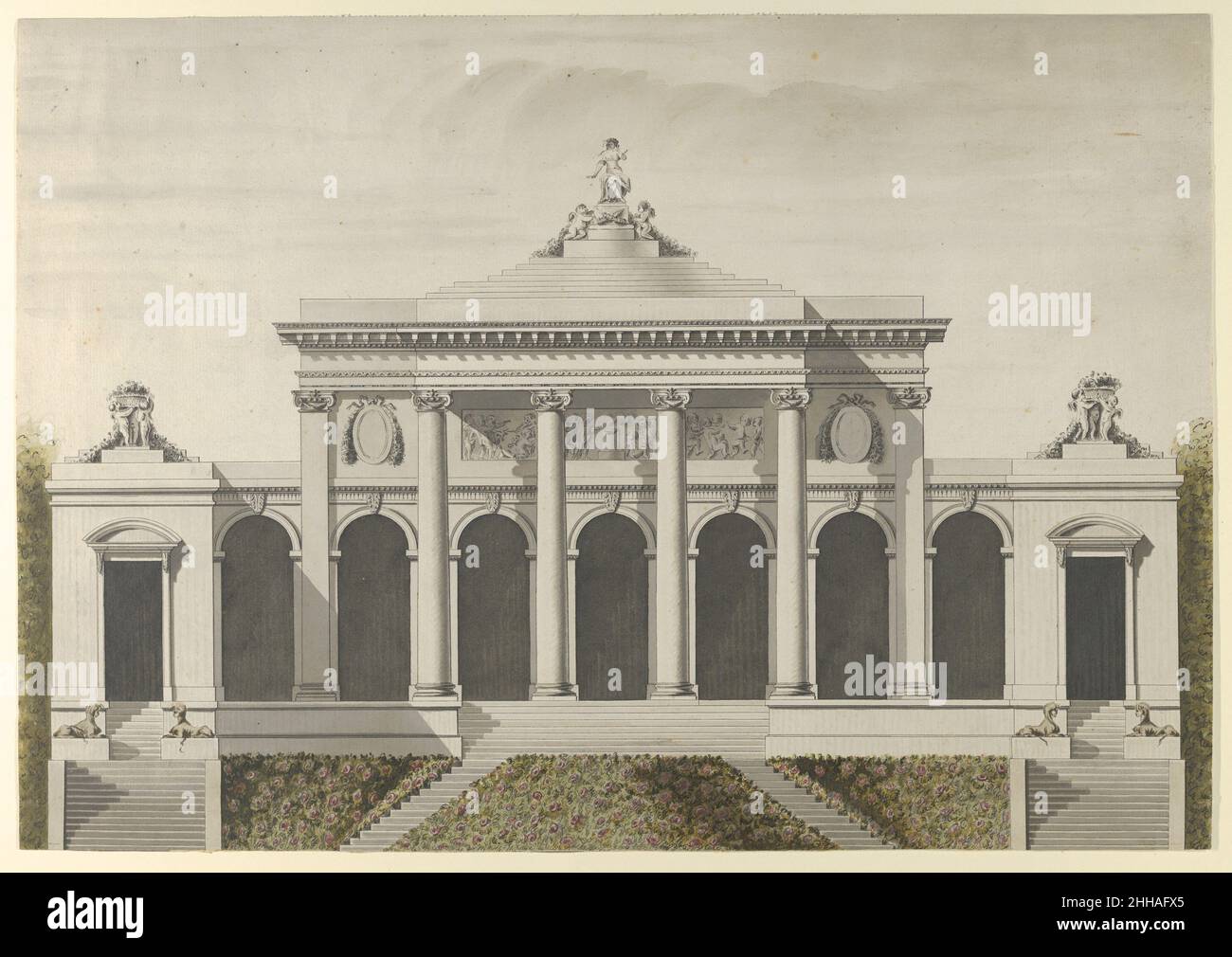 Elevation for the Garden-Front of the Hotel de Brunoy, Faubourg St. Honoré, Paris ca. 1779 After Etienne Louis Boullée French. Elevation for the Garden-Front of the Hotel de Brunoy, Faubourg St. Honoré, Paris. After Etienne Louis Boullée (French, Paris 1728–1799 Paris). ca. 1779. Pen and black ink, brush and gray, green, and rose wash Stock Photo