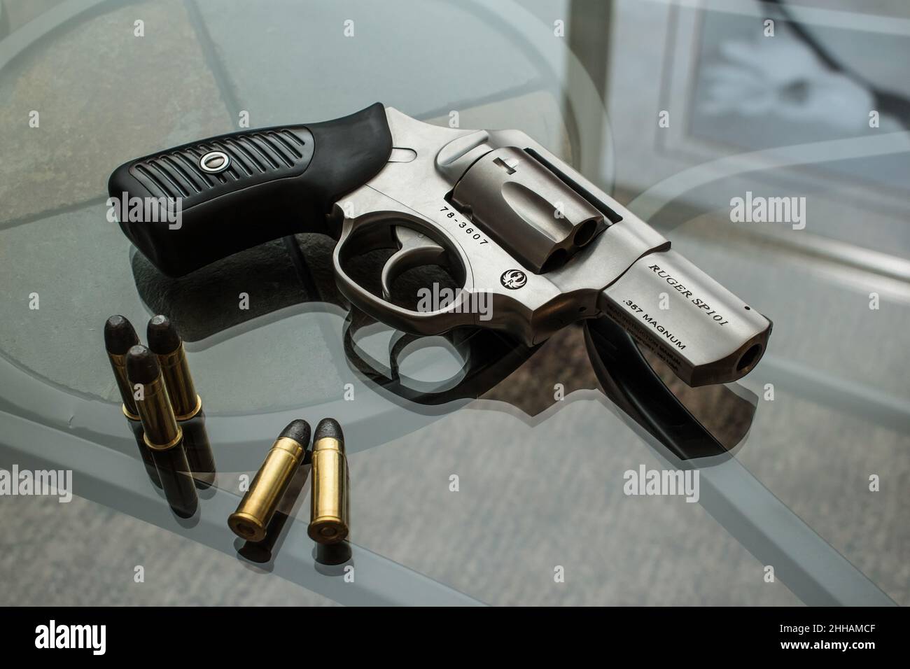 Ruger 101 .357 Magnum double action revolver on a glass table Stock Photo