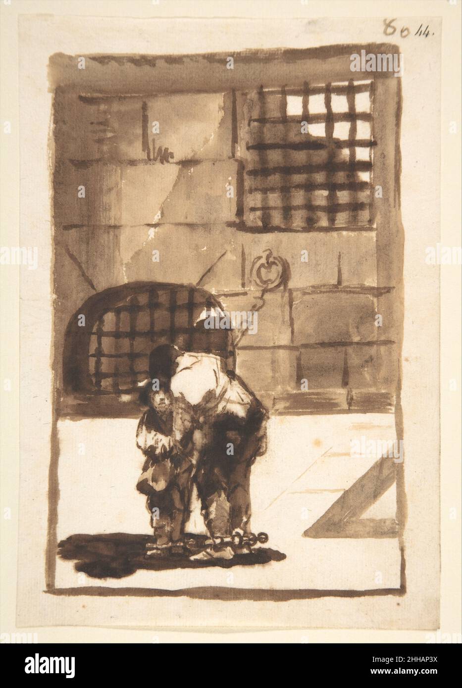 Prisoners in irons; page 80 from the 'Images of Spain' album (F) ca. 1812–20 Goya (Francisco de Goya y Lucientes) Spanish One of the most striking drawings from the album, this work shows a frightened child being comforted by an adult, perhaps his father. Goya conceived a symmetrical composition divided into two distinct tonal levels, a dark and a light section. A shaded demarcation of the step at right and a triangle of light in the window above mirror each other. The geometric rigidity of the underground chamber makes a severe background that underscores the prisoners’ vulnerability. The edg Stock Photo