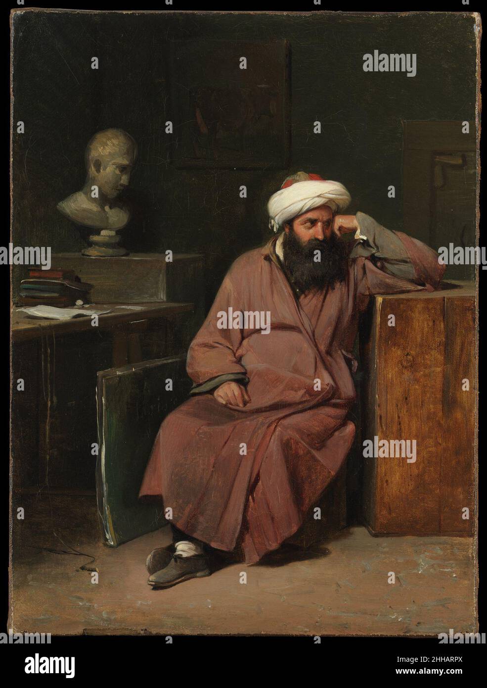 A Man from the Middle East in the Artist's Studio ca. 1823–26 Auguste-Xavier Leprince French Most of Leprince’s sitters seem to have been more or less like the painter himself—elegant Parisians of the middle class. The identity of the model depicted here and the circumstances that brought him into the artist’s studio are unknown, but beginning with Napoleon’s invasion of Egypt in 1798, French artists from Girodet to Gericault had relished the opportunity to paint figures in Middle Eastern dress. Leprince’s interest in this pensive man may have stemmed from the war of independence being waged b Stock Photo