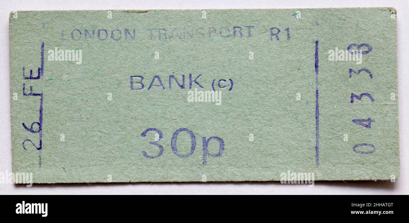 Vintage 1970s London Underground Railway Train Ticket - Bank Stock Photo