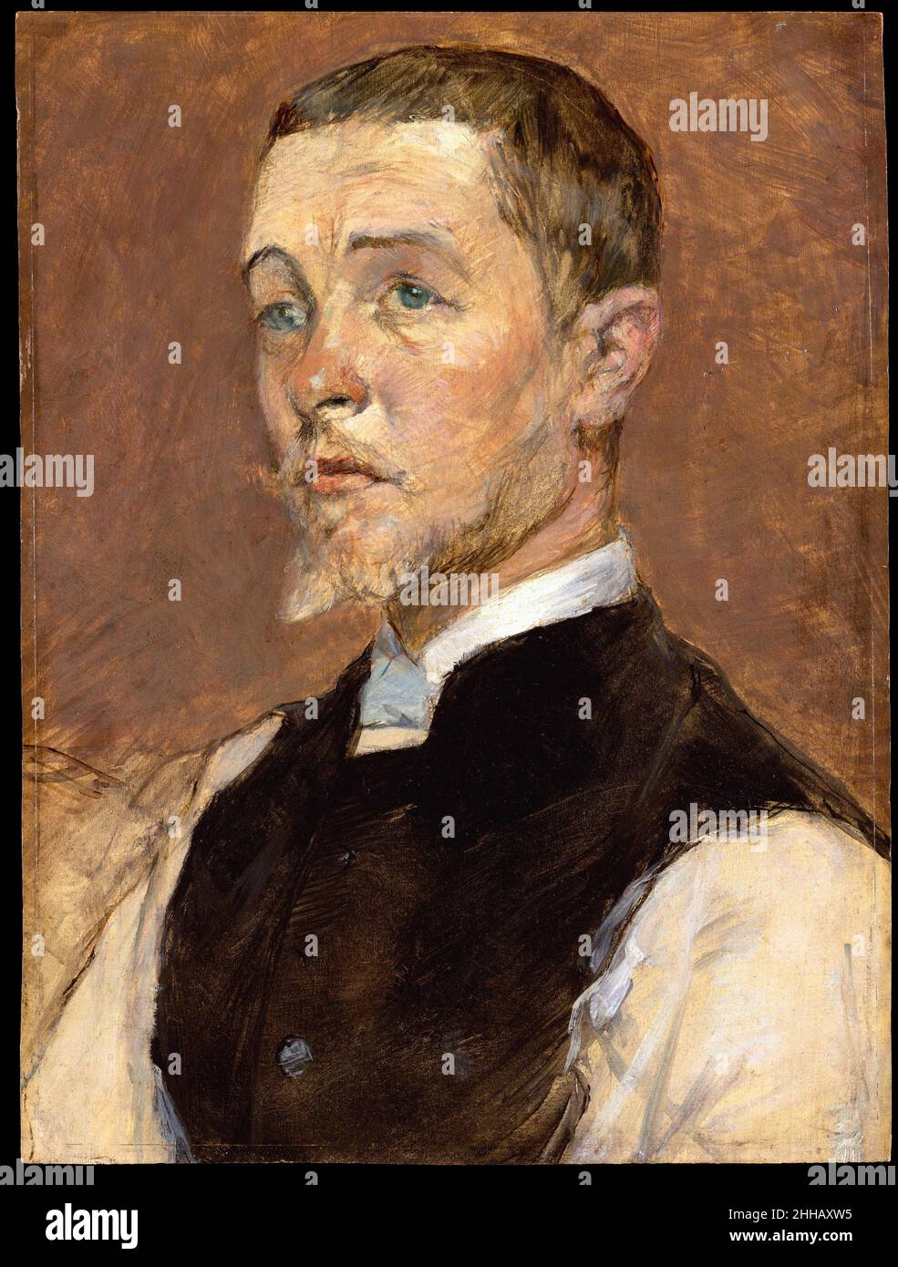 Albert (René) Grenier (1858–1925) 1887 Henri de Toulouse-Lautrec French Grenier and Lautrec were fellow students in the Paris atelier of academic history painter Fernand Cormon during the 1880s and became fast friends: Lautrec even lived briefly with Grenier and his mistress, Lili, an actress and model, and made several portrayals of the couple. An inscription on the verso of this portrait indicates that it was painted in Lautrec’s Montmartre studio in the rue Caulaincourt in 1887. He employed thin, watercolor-like washes of pigment, laid over a fine pencil underdrawing, to produce a sensitive Stock Photo