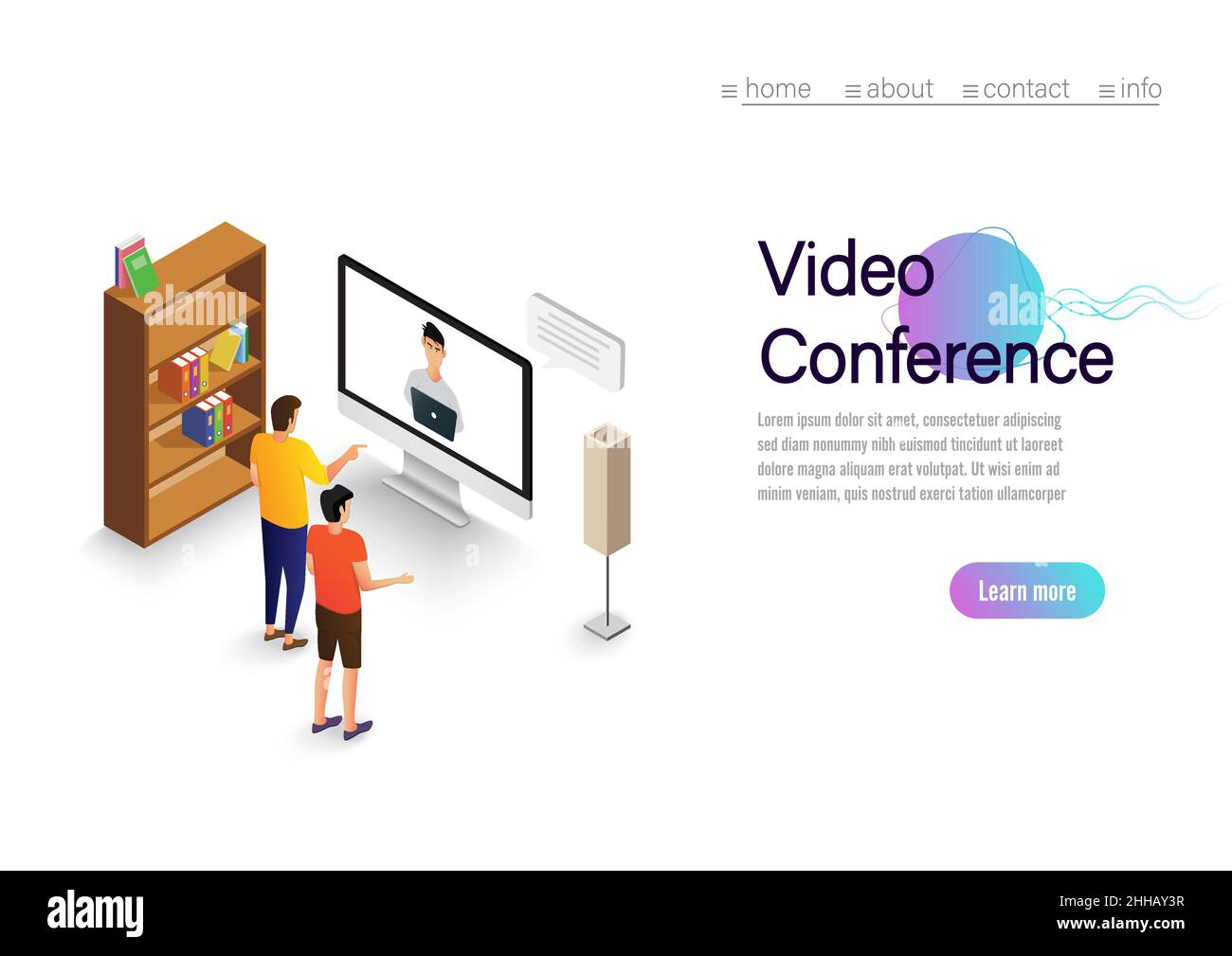 Video conference landing. People on computer screen taking with colleague. Videoconferencing and online meeting workspace vector page Stock Vector