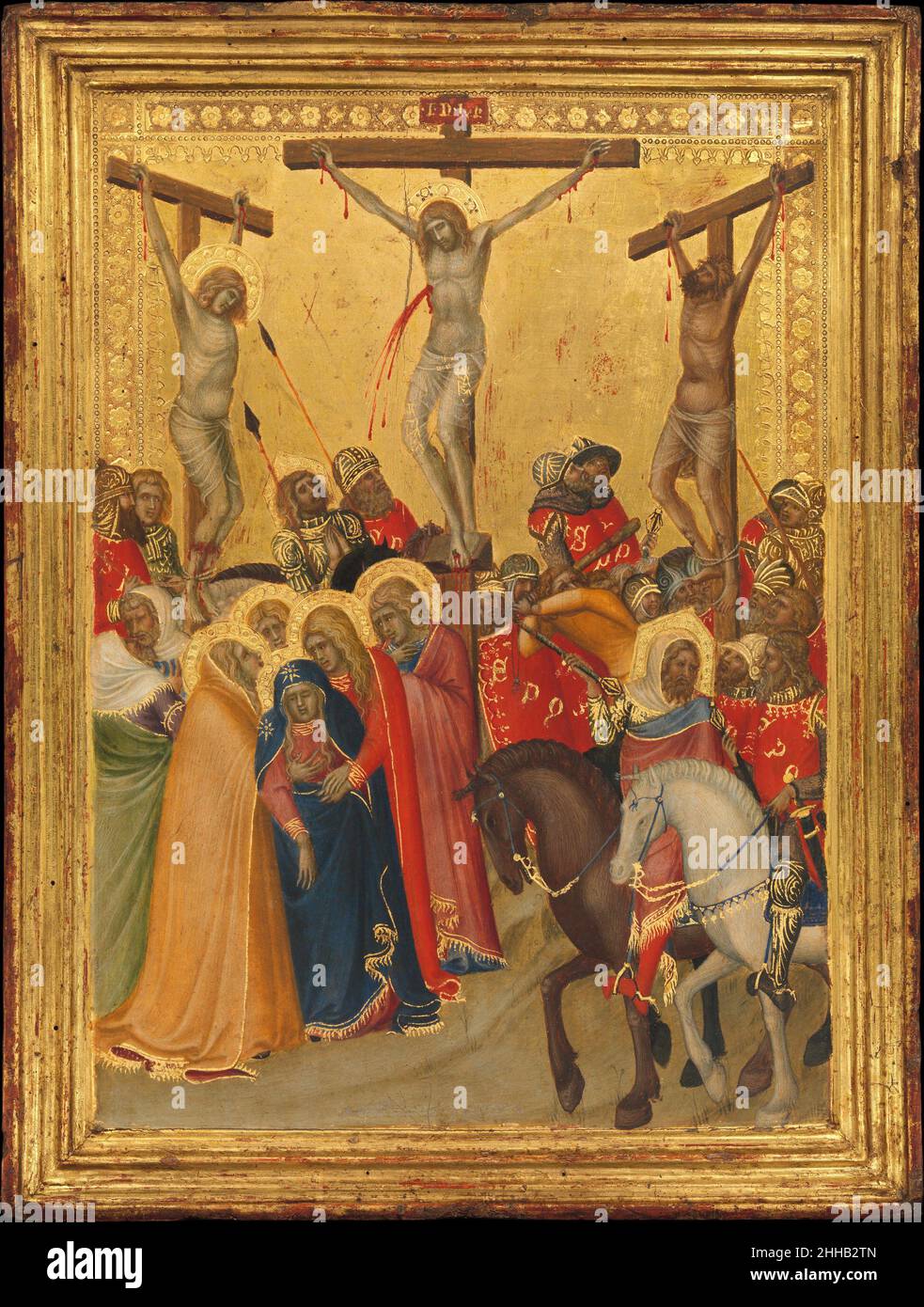 The Crucifixion 1340s Pietro Lorenzetti Italian One of the great innovators of European painting, Pietro Lorenzetti imbued this familiar biblical subject with a new sense of pathos and dramatic intensity. Details such as the piercing of Christ's side with a spear, the breaking of the legs of the thieves, and the Virgin swooning into the arms of her companions ensure an emotional response from the viewer. A century later, Van Eyck, in his painting in The Met, added to these pictorial strategies the extraordinary naturalism of a landscape setting replacing the gold ground of Italian painting and Stock Photo