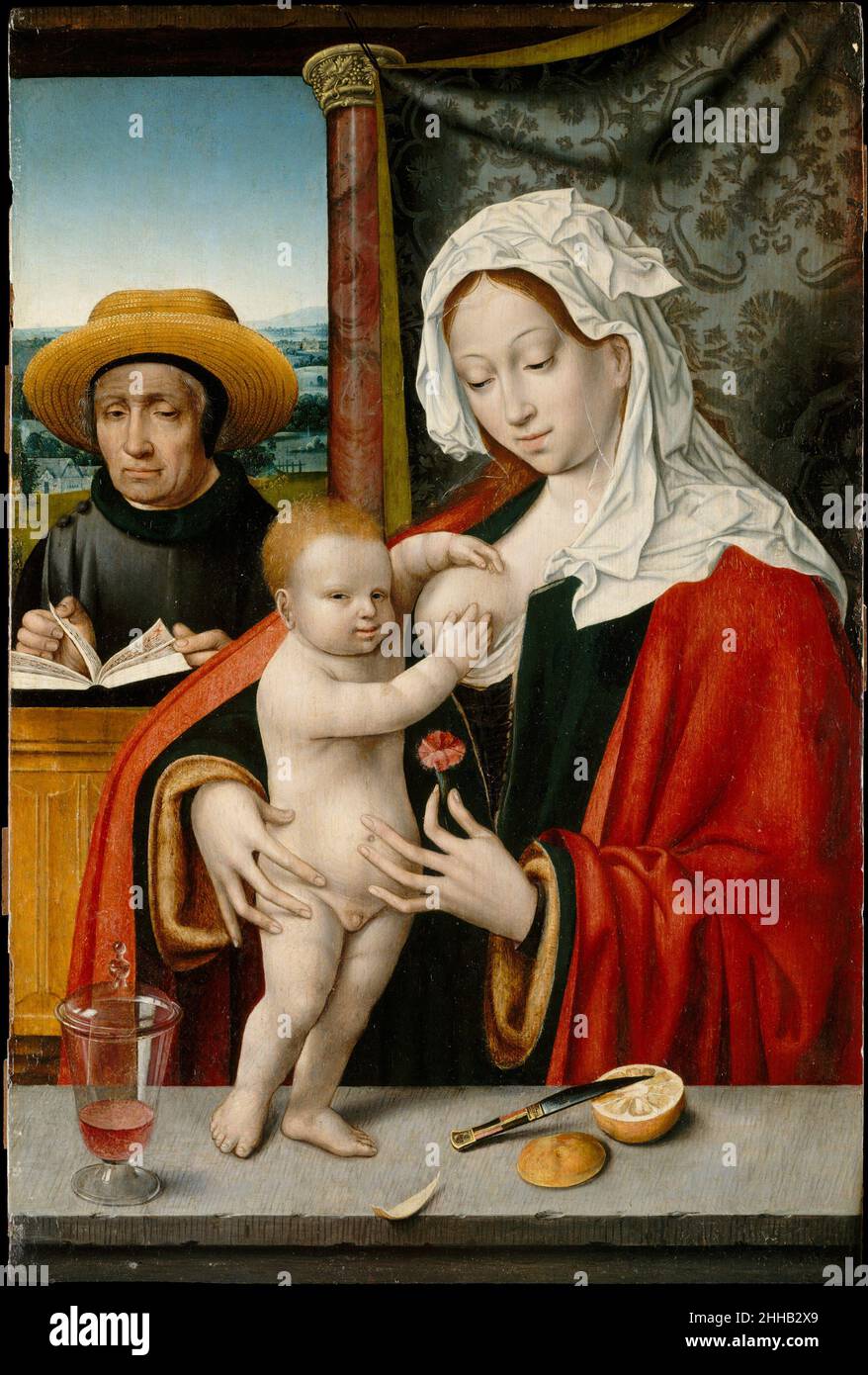 The Holy Family possibly 1527–33 Workshop of Joos van Cleve Netherlandish Joos van Cleve (Netherlandish, Cleve ca. 1485–1540/41 Antwerp) and his workshop were prolific in their creation of depictions of the Holy Family. Of the many versions of this subject produced by the master and his studio, the Lehman picture can be placed within a smaller subgroup featuring a landscape view behind Saint Joseph as well as an upright Christ Child. The Joos van Cleve workshop and their followers included subtle – and sometimes more dramatic – variations on this popular scene, other examples of which can be s Stock Photo