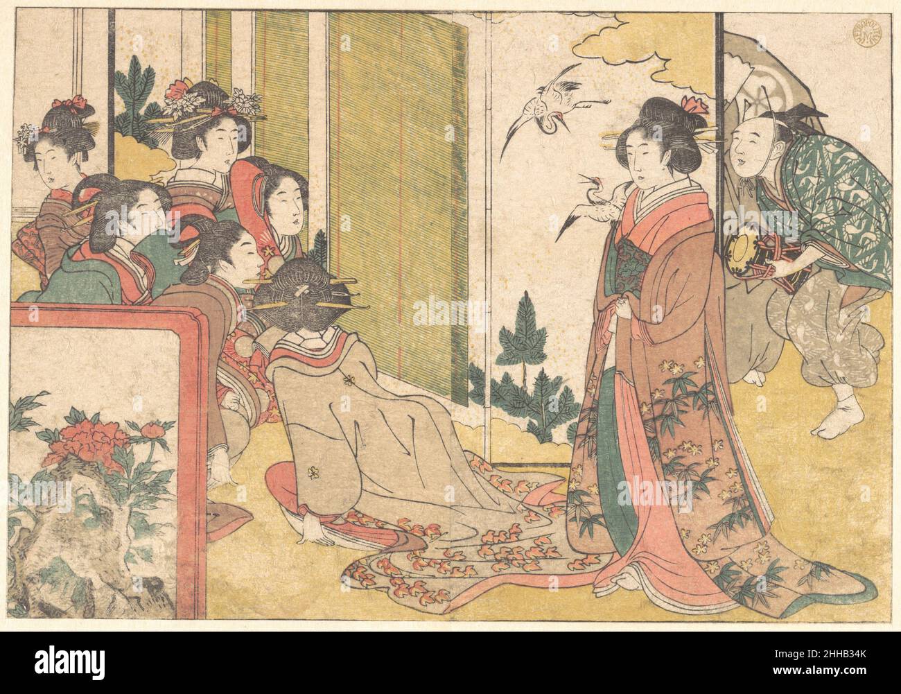 Girls Entertained by Performers, from the illustrated book Flowers of the Four Seasons 1801 Kitagawa Utamaro Japanese Theatrical performances are paradigms of people watching other people. There is a division of roles as well as a division of space. The actors move about a prescribed area, while the audience remains passively confined to another. This structure is reflected in ukiyo-e prints in which viewers are often physically separated from the objects of their gaze. They look down from balconies, peer through blinds and windows, and peek from behind screens and curtains. In this print, fro Stock Photo