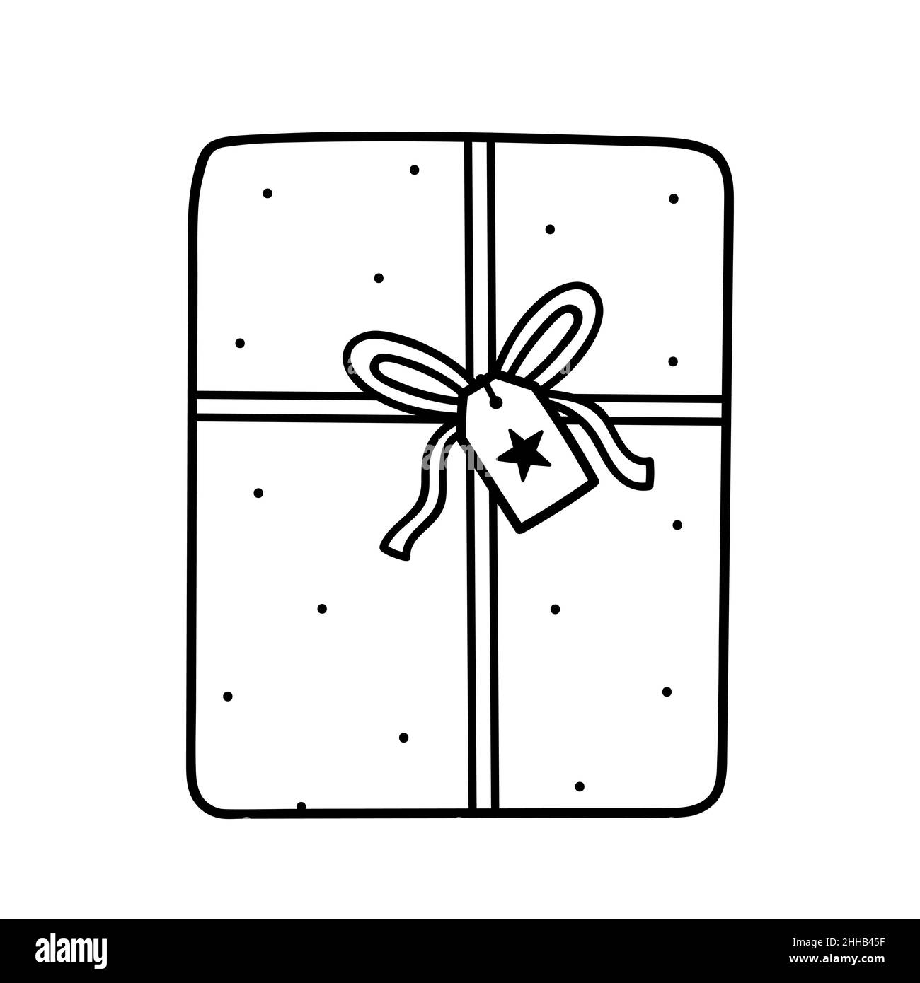 https://c8.alamy.com/comp/2HHB45F/cute-wrapped-gift-with-a-bow-and-a-label-isolated-on-white-background-vector-hand-drawn-illustration-in-doodle-style-2HHB45F.jpg