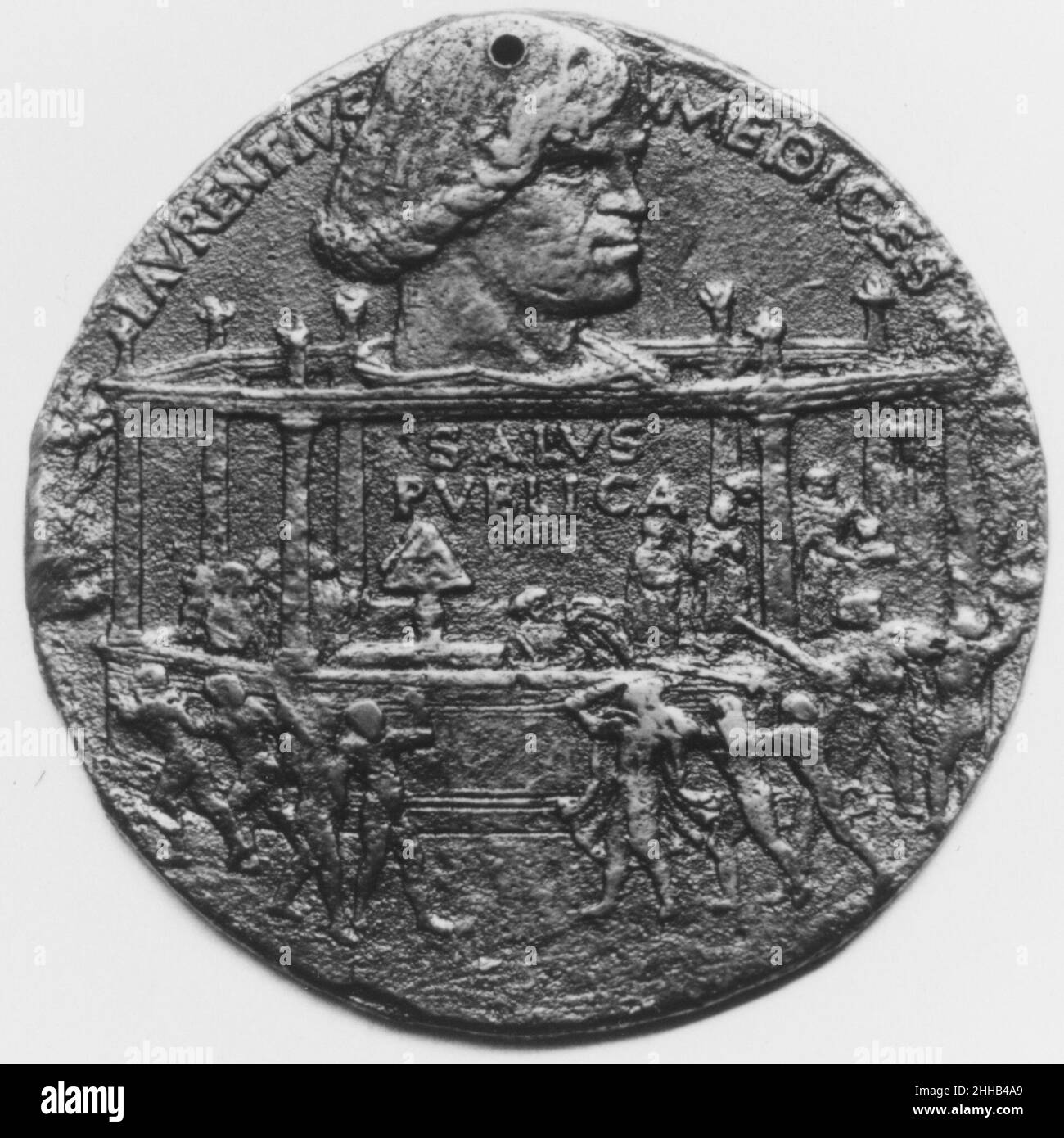 To Commemorate the Pazzi Conspiracy, 1478 1478 Medalist: Bertoldo di Giovanni Italian Obverse: Medals of rulers were thought inappropriate in republican Florence. This piece commemorates the 1478 attack in Florence Cathedral on the Medici, first citizens but not rulers of the city. To make it acceptable, it flouts the rules of medals by combining portrait and narrative on both sides. This side, labeled ‘Public grief’, shows the head and, below, the murder of Giuliano de’ Medici, Lorenzo’s younger brother.Reverse: Modeled and cast in 1478, immediately after Lorenzo de’ Medici survived a murdero Stock Photo