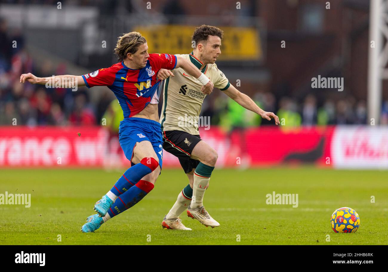 London, UK. 24th Jan, 2022. Liverpool's Diogo Jota (R) is challenged by Crystal Palace's Conor Gallagher during the English Premier League match between Crystal Palace and Liverpool in London, Britain, on Jan. 23, 2022. Credit: Xinhua/Alamy Live News Stock Photo
