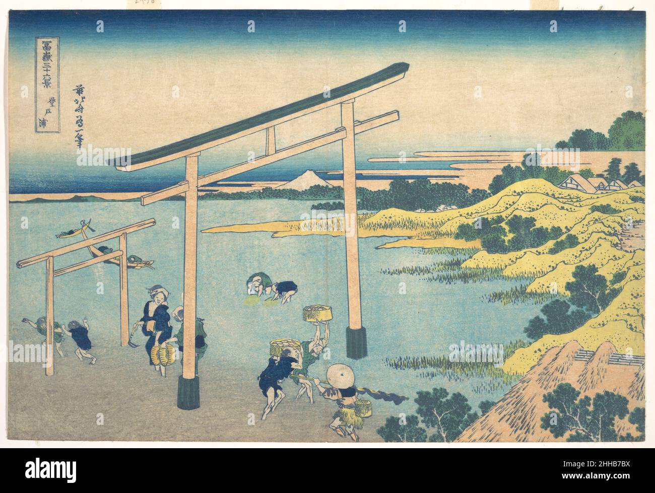 Noboto Bay (Noboto no ura), from the series Thirty-six Views of Mount Fuji (Fugaku sanjūrokkei) ca. 1830–32 Katsushika Hokusai Japanese Men and women gather shellfish under torii, entrance gates to shrines, which mark the transition from secular to religious spaces. Hokusai has cleverly used the torii to frame Fuji, suggesting, in turn, the mountain's sacred, iconic nature.. Noboto Bay (Noboto no ura), from the series Thirty-six Views of Mount Fuji (Fugaku sanjūrokkei)  56216 Stock Photo