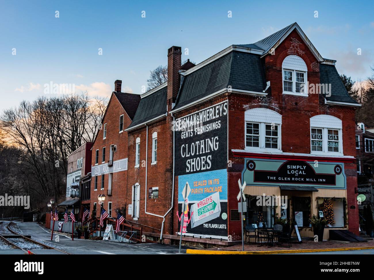 Beautifully Restored Glen Rock Mill Inn and Stores at Dusk, Glen Rock