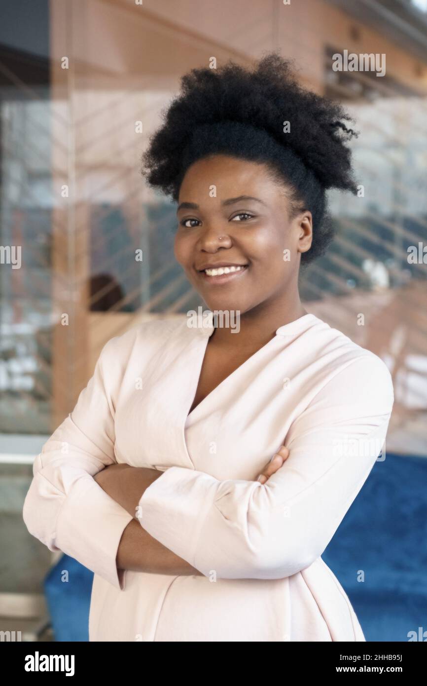 Happy smiling african amercian business woman with proud emotion face portrait Stock Photo