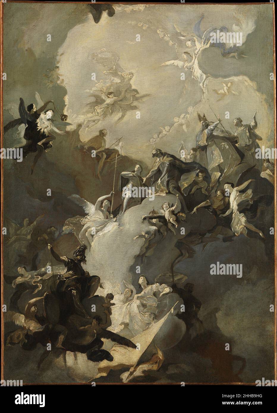 The Glorification of the Royal Hungarian Saints ca. 1772–73 Franz Anton Maulbertsch Austrian Monochrome, or grisaille, oil sketches allowed artists to work out complex light effects independent of the diverse color palette used in the final painting. This work, with its sophisticated spatial organization, was executed for the Hungarian Cathedral Basilica of Gyor (Raab) by Maulbertsch, the outstanding Austrian exponent of the Venetian tradition embodied by Tiepolo. Saint Ladislaus I (1040–1095), king of Hungary, appears at lower left, while an earlier king, Saint Stephen (975–1038) and his son, Stock Photo