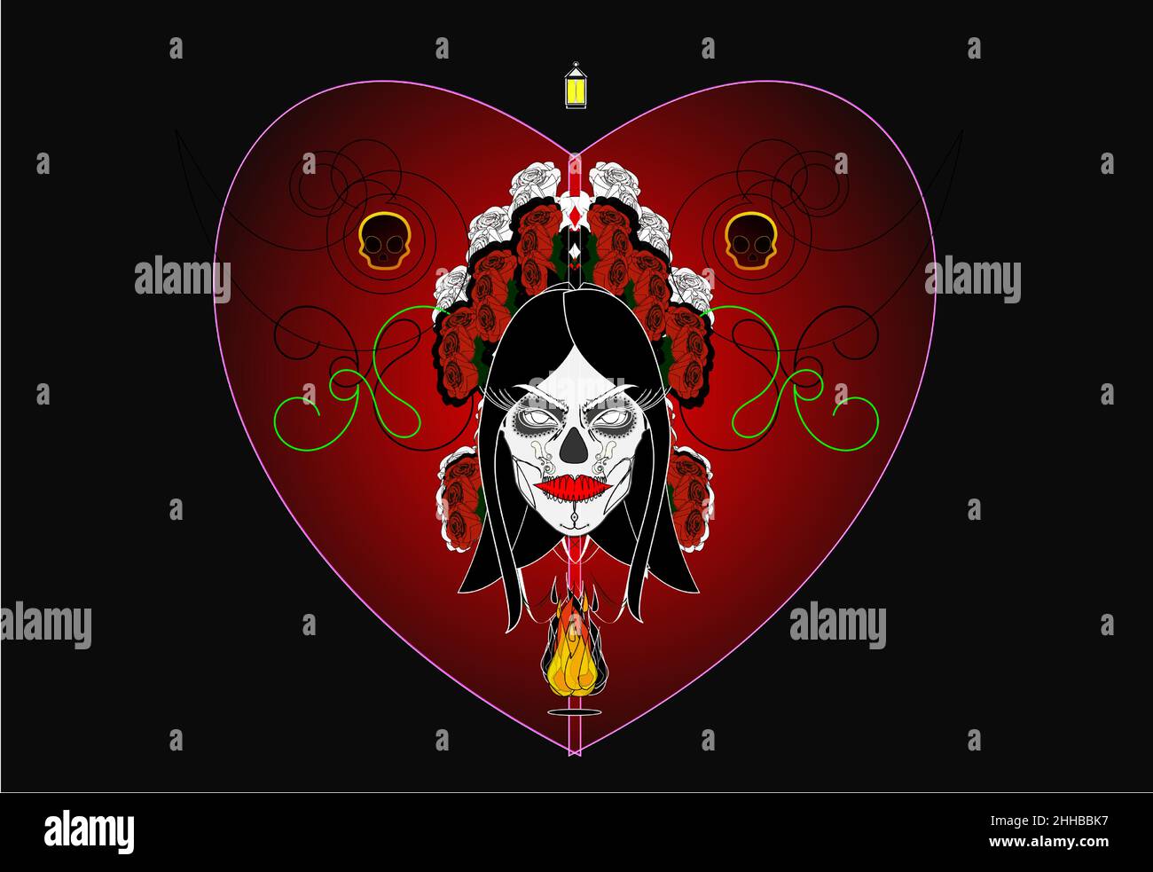 Sugar Skull Girl Mexican Day of the Dead, Red & White Roses, Two Cute Sugar Skulls, Love Heart with Black BKG (Covers, Labels, Notebooks, Poster etc.) Stock Vector