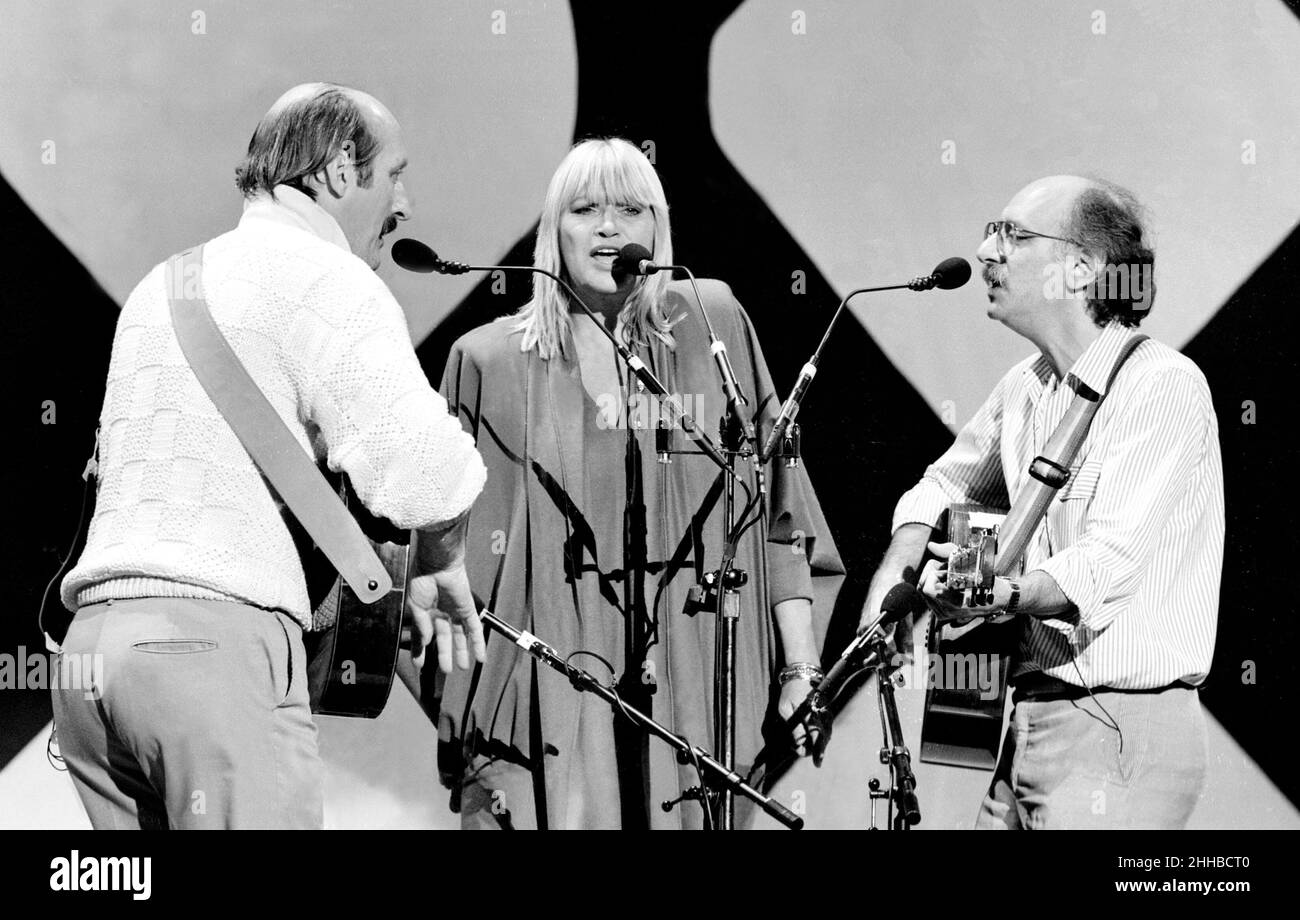Peter, Paul & Mary (Mary Travers, Paul Stookey and Peter Yarrow) performing on the TV show "Solid Gold," late 1970s Credit: Ron Wolfson / Rock Negatives / MediaPunch Stock Photo