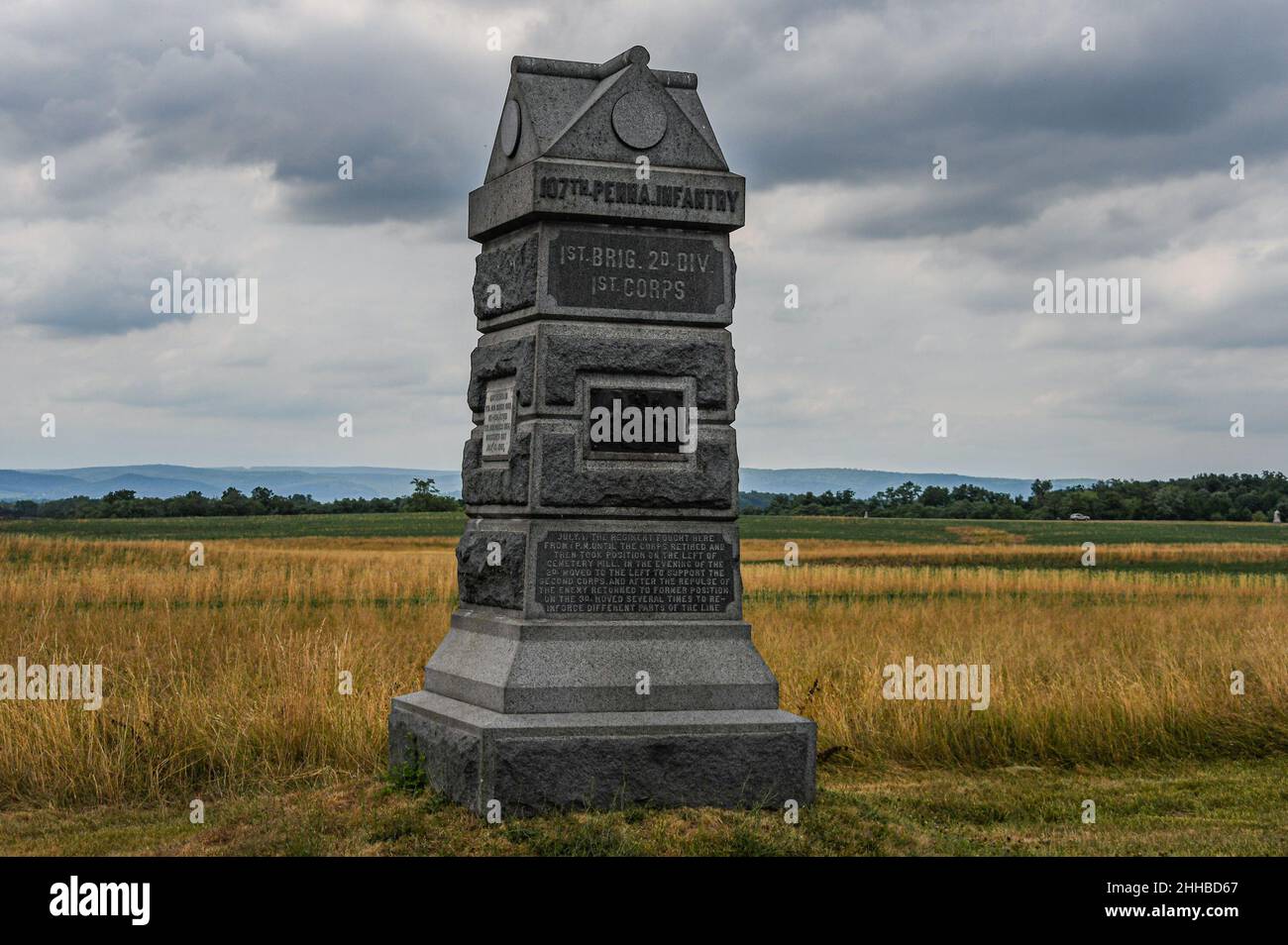 Monument to the 107th Pennsylvania Volunteer Infantry Regiment, Doubleday Avenue, Gettysburg National Military Park, Pennsylvania USA Stock Photo