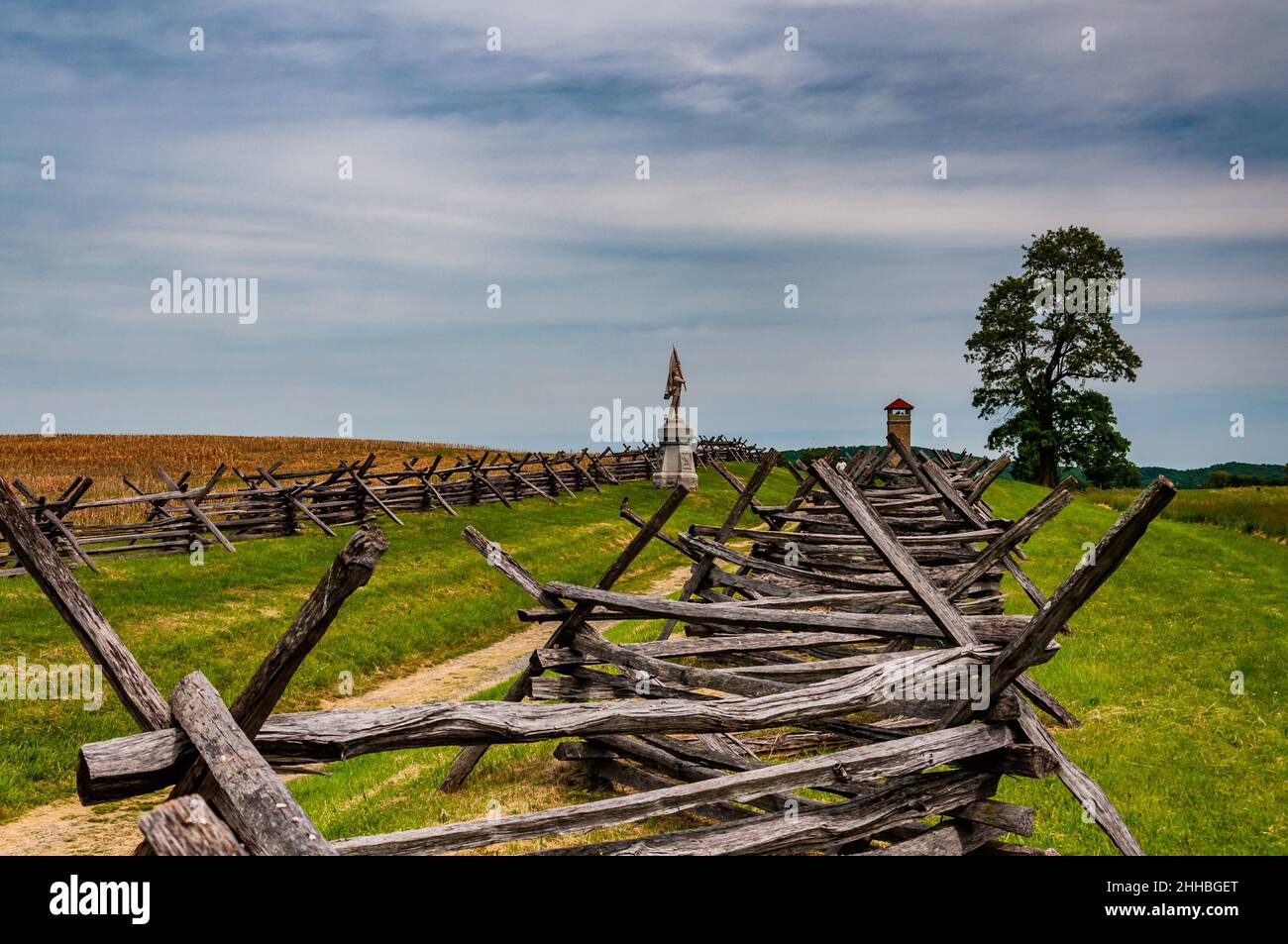 Photo of A Snake Fence Along Bloody Lane, Antietam National Battlefield, Maryland USA Stock Photo