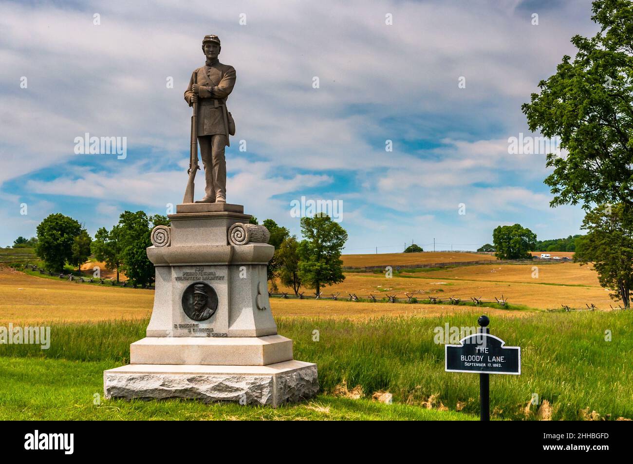 Photo of 130th Pennsylvania Volunteer Infantry Monument, Bloody Lane, Antietam National Battlefield, Maryland USA Stock Photo
