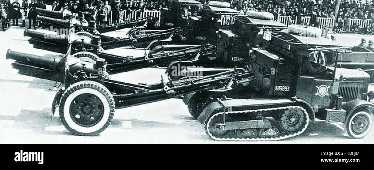 Somua MCG4 artillery tractors on the military parade in 1939 Stock