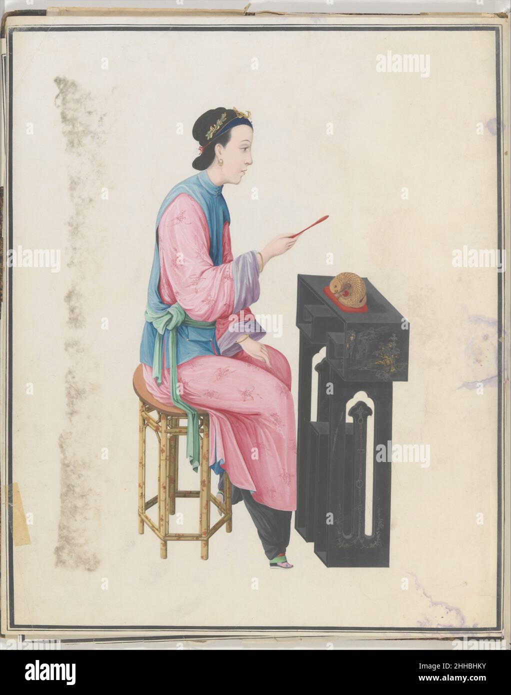 Watercolor of musician playing mu yu late 18th century Chinese ...