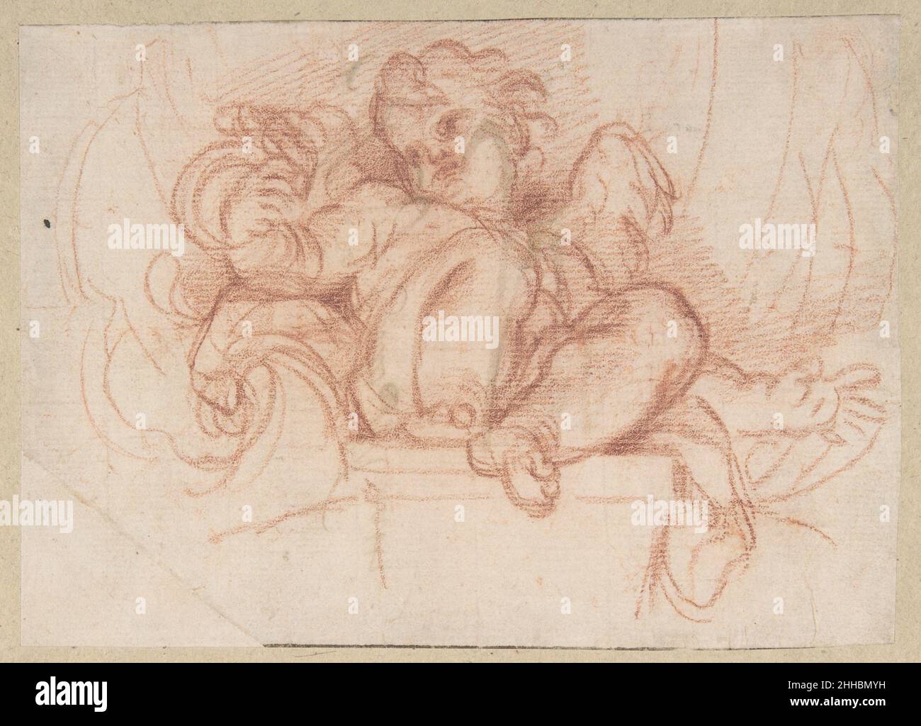 Study of a Putto Seated on a Corbel in a Shell Niche ca. 1674–76 Carlo Maratti Italian The Great Hall of the Palazzo Altieri in Rome, where Maratti worked from 1674 to 1677, is punctuated by four windows along one of the upper walls. Three of the spandrels (a triangular-shaped field) above those windows have frescoes of a putto seated on a feigned corbel in a shell niche very similar to the design of the present sheet, which is a recently identified study for that part of the decoration. Several drawings for unexecuted parts of this elaborate decorative scheme are also in the Metropolitan Muse Stock Photo