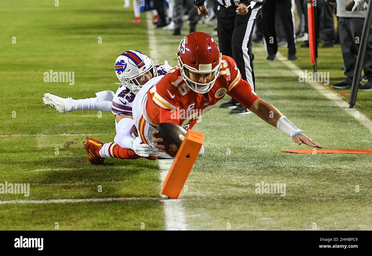 Buffalo Bills vs. Kansas City Chiefs. NFL Game. American Football League  match. Silhouette of professional player celebrate touch down. Screen in  back Stock Photo - Alamy