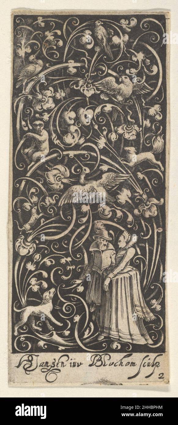 Vertical Panel with a Man and Woman ca. 1631 Hans Janssen Dutch This design  for a vertical panel. filled with meandering branches and vegetal  scrollwork reminds of late fifteenth century prints by