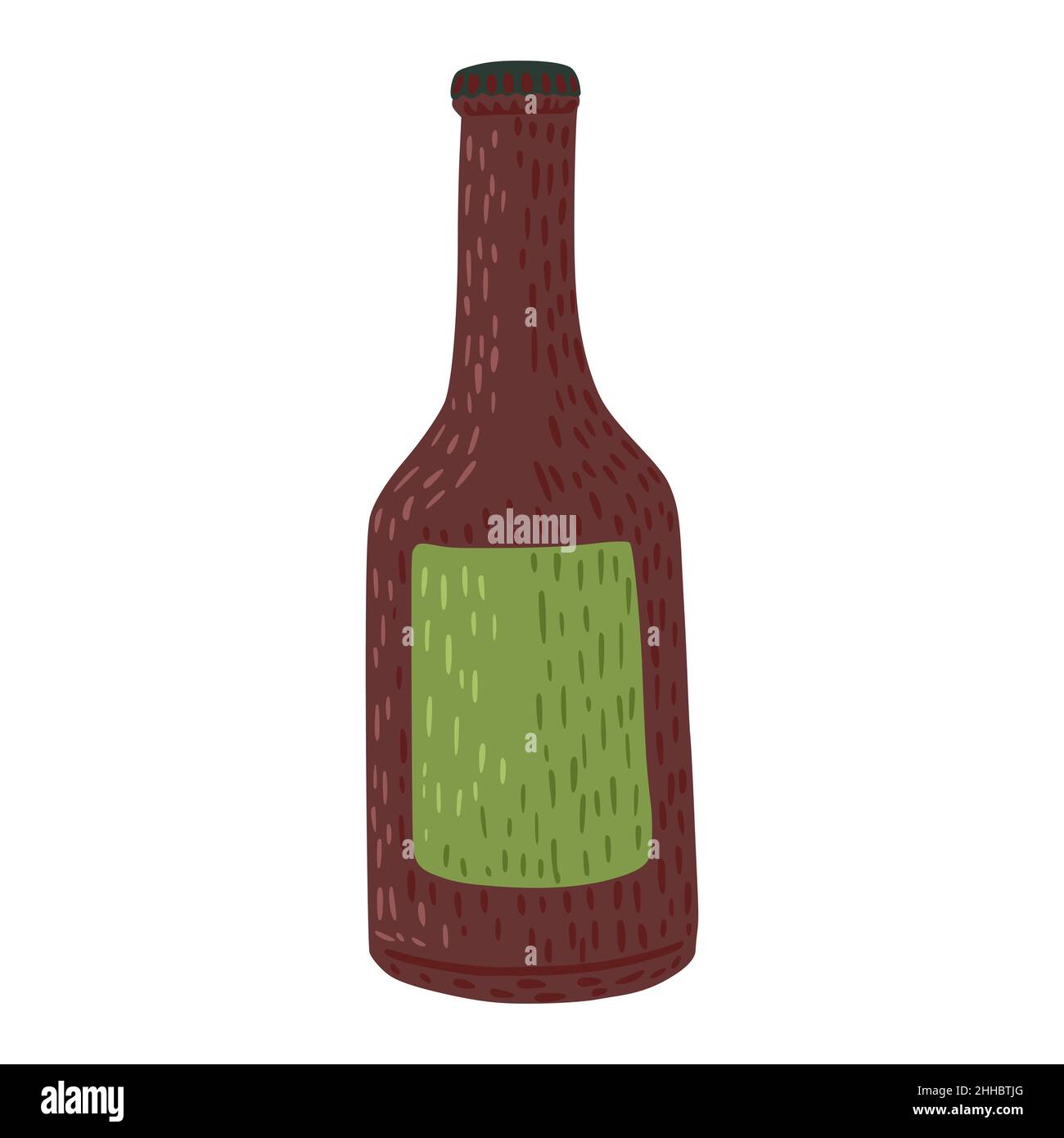 Bottle beer with green label isolated on white background. Graphic design element in doodle