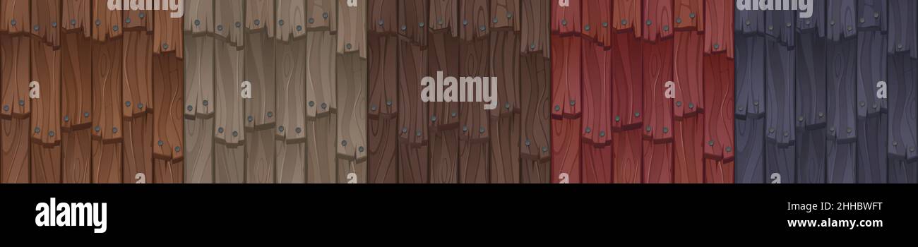 Wooden roof texture for game, cartoon wood tiles seamless pattern. House roofing materials, textured overlap of red, brown, beige and black colors. Dwelling exterior design elements Vector set Stock Vector