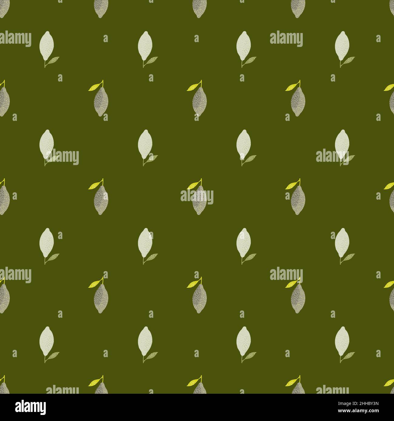 Seamless pastel pattern with little lemon doodle silhouettes on olive