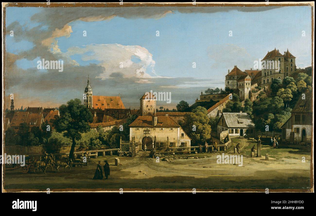 Pirna: The Obertor from the South mid-1750s Bernardo Bellotto Italian Bellotto was Canaletto’s nephew and student who himself was to become an internationally renown view painter. Between 1747 and 1758, he worked for the court of Dresden and painted the nearby village of Pirna, depicted here with its city gate, adjacent tower (known as the Obertor), church, and town hall. Friederich August II, elector of Saxony and king of Poland, and Count Brühl, his prime minister, commissioned larger scale views of Pirna between 1753 and 1756. A private patron must have commissioned this reduced replica eit Stock Photo