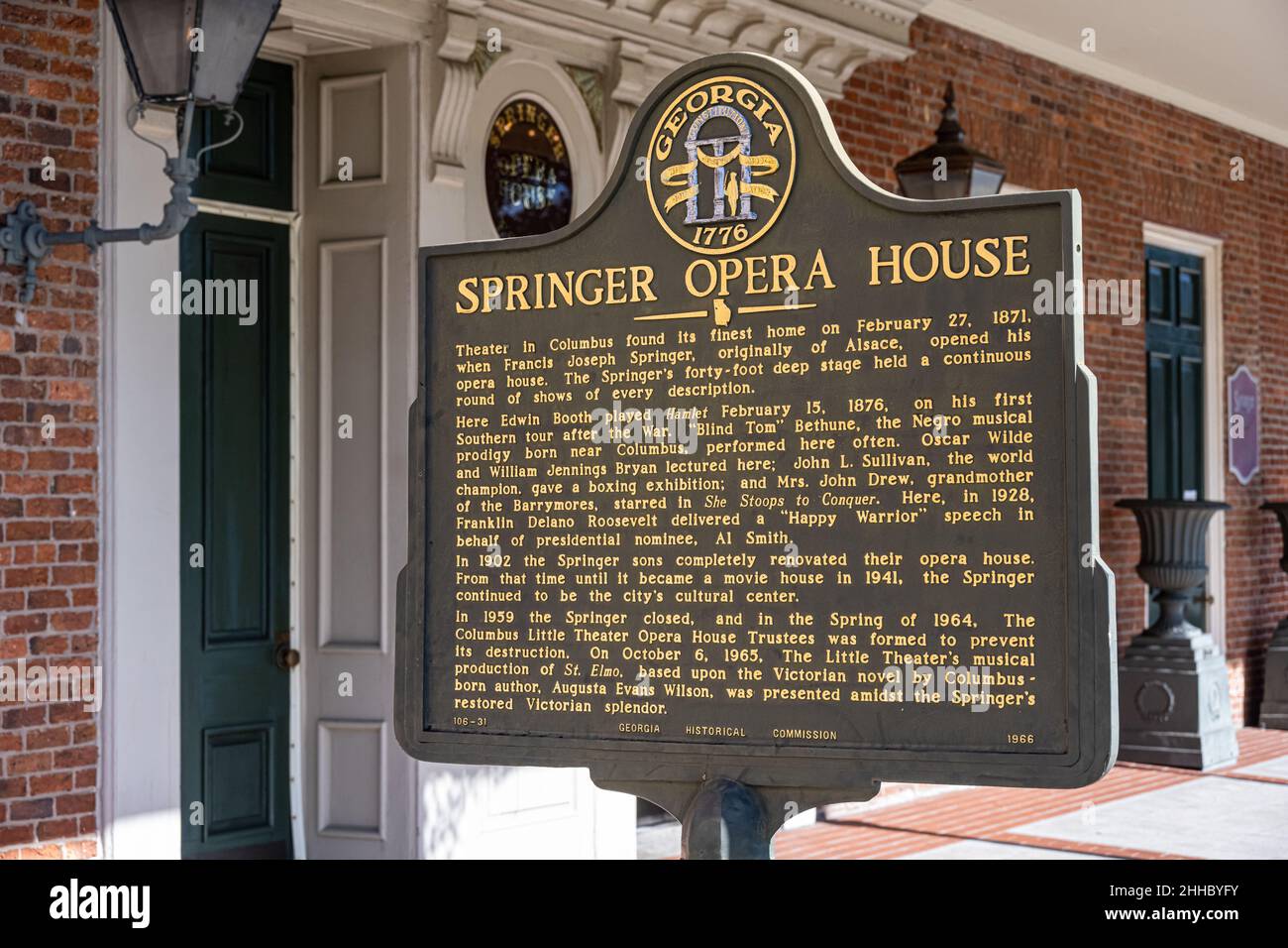 Georgia historical marker for the Springer Opera House which opened February 27, 1871, and is still in use today in Uptown Columbus, Georgia. (USA) Stock Photo