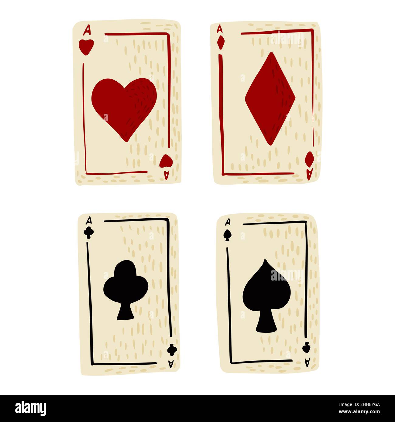 Set play cards isolated on white background. Vintage abstract design card hearts, diamonds, clubs and spades in color red and black. Doodle vector ill Stock Vector