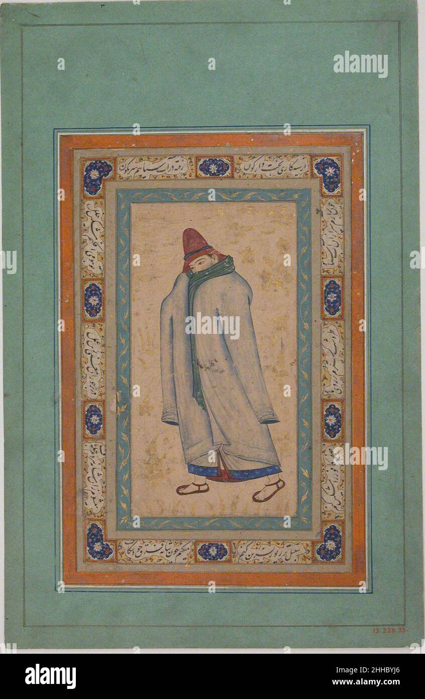 A Dervish late 16th–early 17th century This figure can be identified as a dervish, as he drapes himself in a blue khirqa, a cloak worn by Sufis that is characterized by extremely long sleeves. This garment had special meaning, and was awarded to an aspirant (murid), usually after several years of initiation. The investiture of the khirqa is significant in that it formally recognizes the aspirant as a member of the Sufi order and acknowledges that he is a link in the silsilah (chain) of divine knowledge, originating with the Prophet Muhammad.. A Dervish  446569 Stock Photo