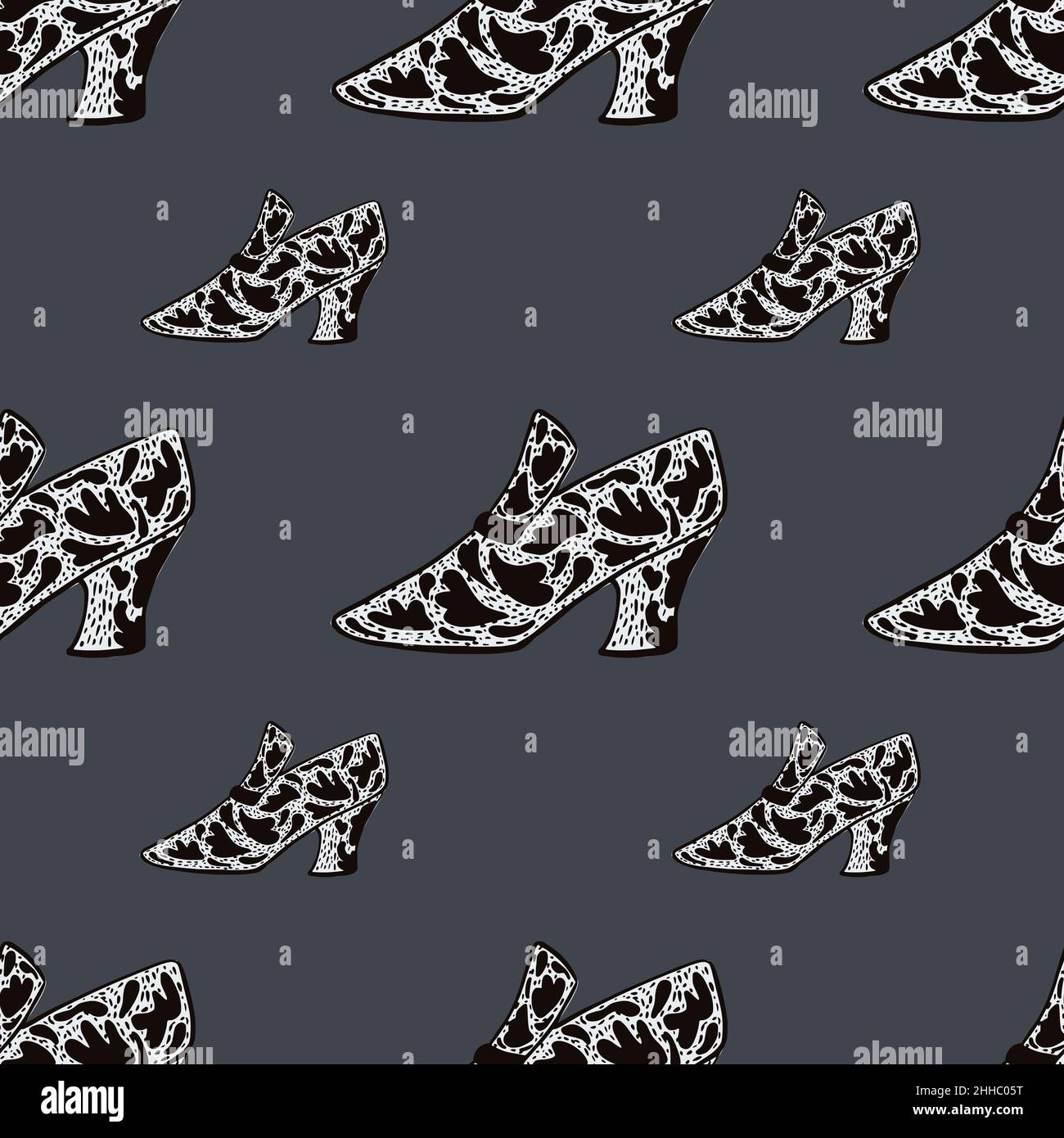 Seamless fashion pattern with womes shoes with black ornament print. Grey background. Vector illustration for seasonal textile prints, fabric, banners Stock Vector