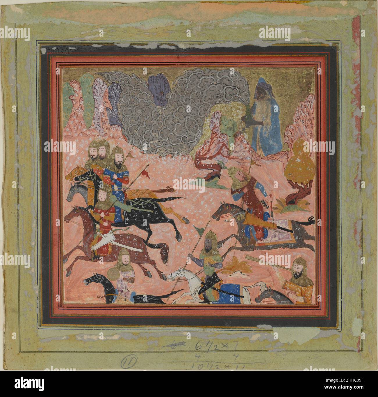 'Bazur, the Magician, Raises up Darkness and a Storm', Folio from a Shahnama (Book of Kings) ca. 1430–40 Abu'l Qasim Firdausi During a battle between the Iranians and the Turanians, a sorcerer named Bazur (shown here in a blue cape) climbs to the top of a mountain and creates a blizzard that engulfs the Iranian forces. In the ensuing confusion, the Turanians attack, causing heavy casualties.This painting comes from a copy of the highly Persianate Shahnama that was probably made in northern India. The paintings from this book were later cut out and placed in an album with brightly colored borde Stock Photo