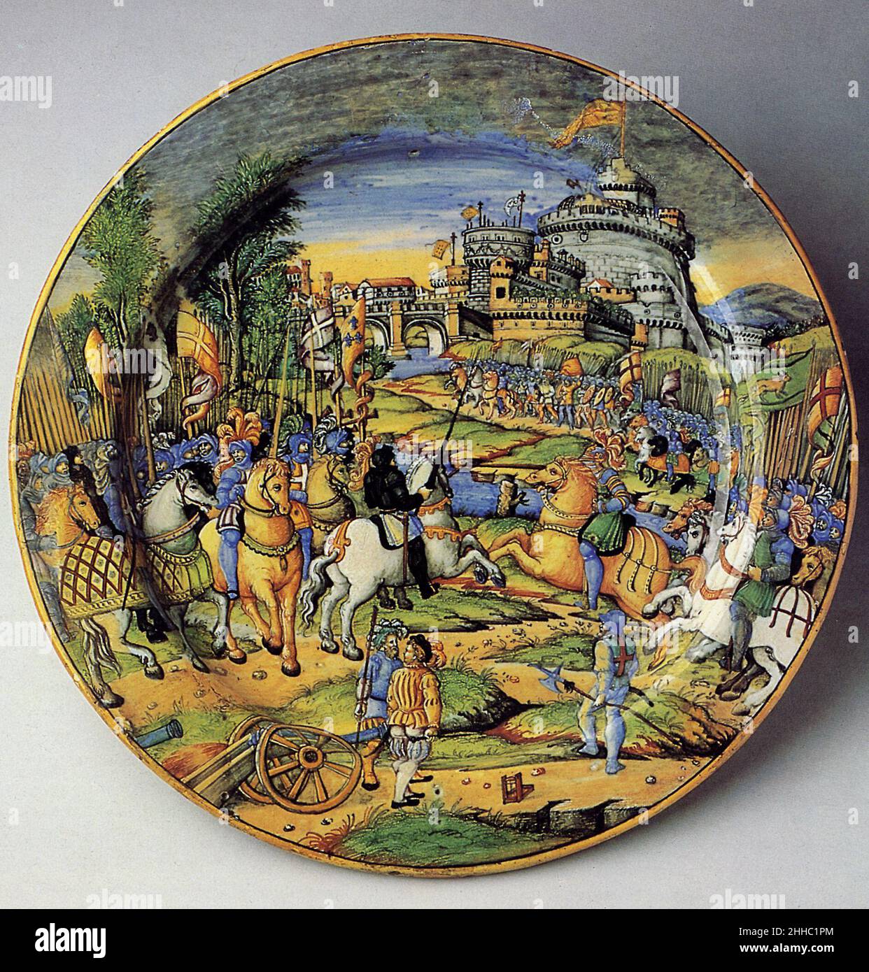 Large plate (grande piatto): An episode from the Sack of Rome, 1527: the assault on the Borgo (?) ca. 1540 workshop of Guido Durantino Italian. Large plate (grande piatto): An episode from the Sack of Rome, 1527: the assault on the Borgo (?)  460221 Stock Photo