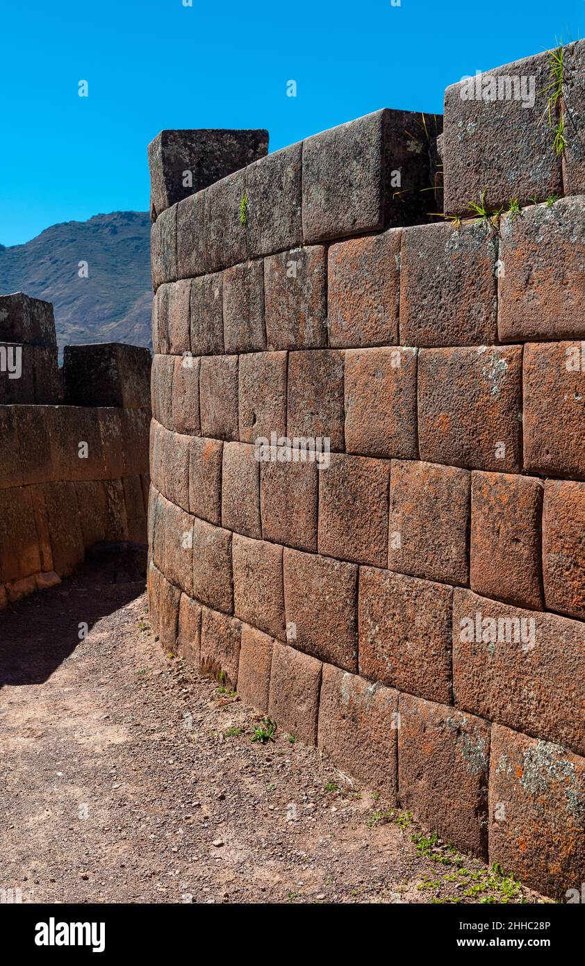 Inca wall by the sun temple of Pisac, Sacred Valley of the Inca, Cusco, Peru. Stock Photo